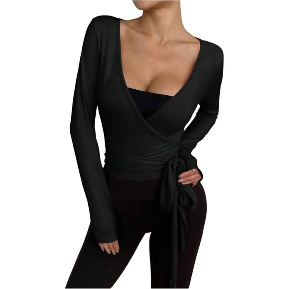 Tops - Women Long Sleeve Yoga Top Wrap V Neck Slim Fit Activewear Medium